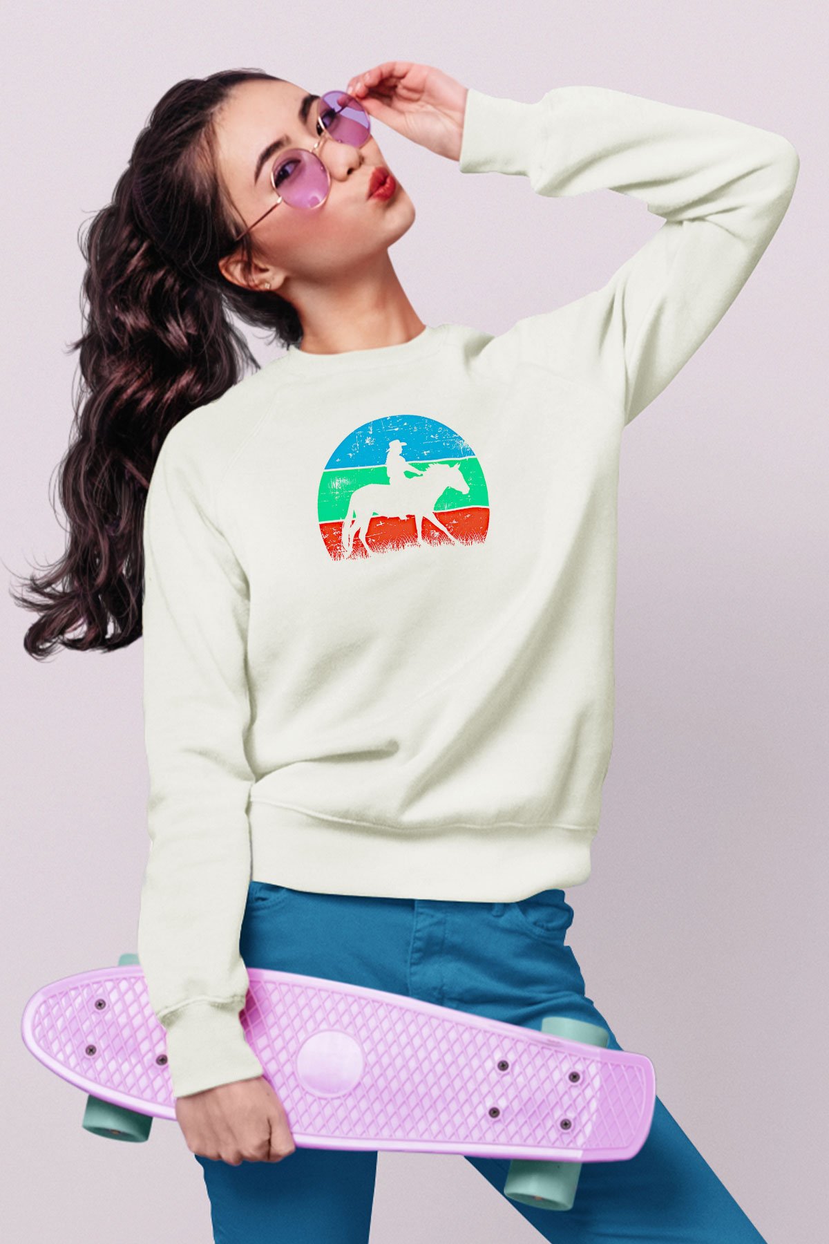 Binicilik Baskılı Unisex Ekru Sweatshirt