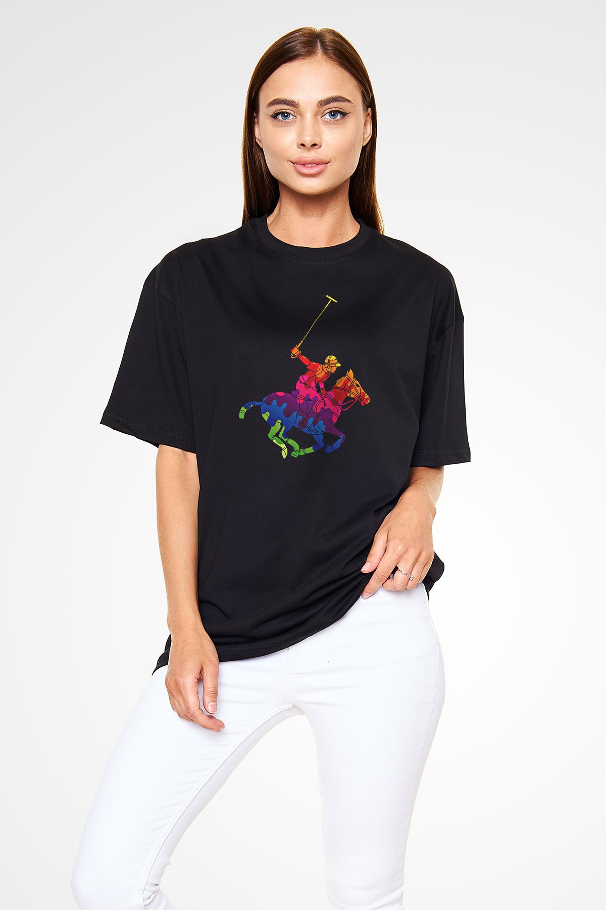 Binicilik - Riding Baskılı Unisex Siyah Oversize Tişört
