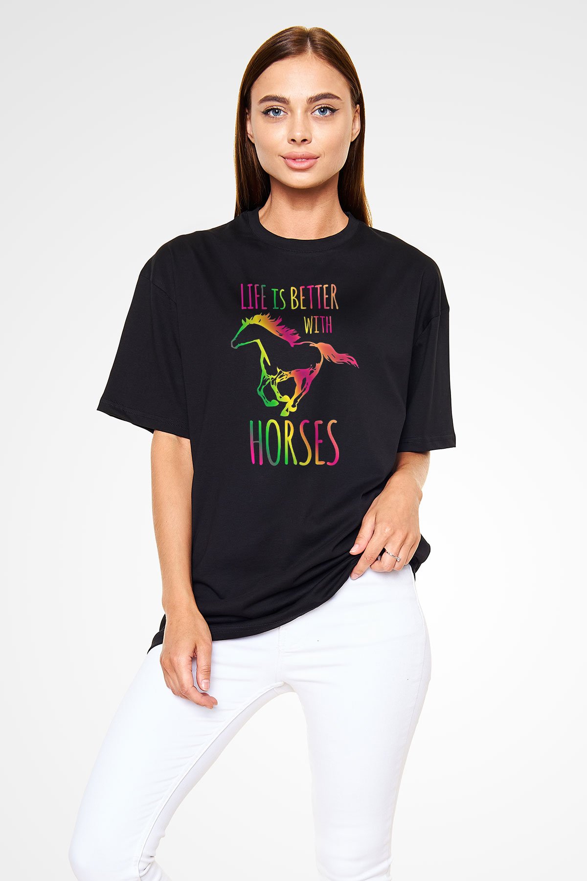 Binicilik - Riding Baskılı Unisex Siyah Oversize Tişört