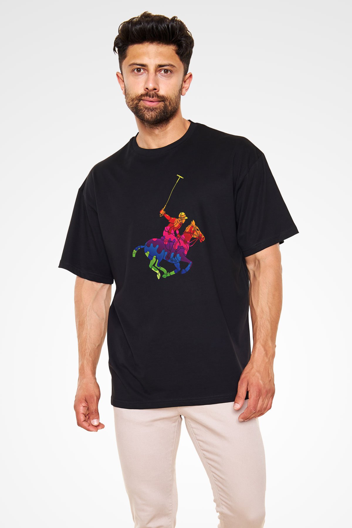 Binicilik - Riding Baskılı Unisex Siyah Oversize Tişört
