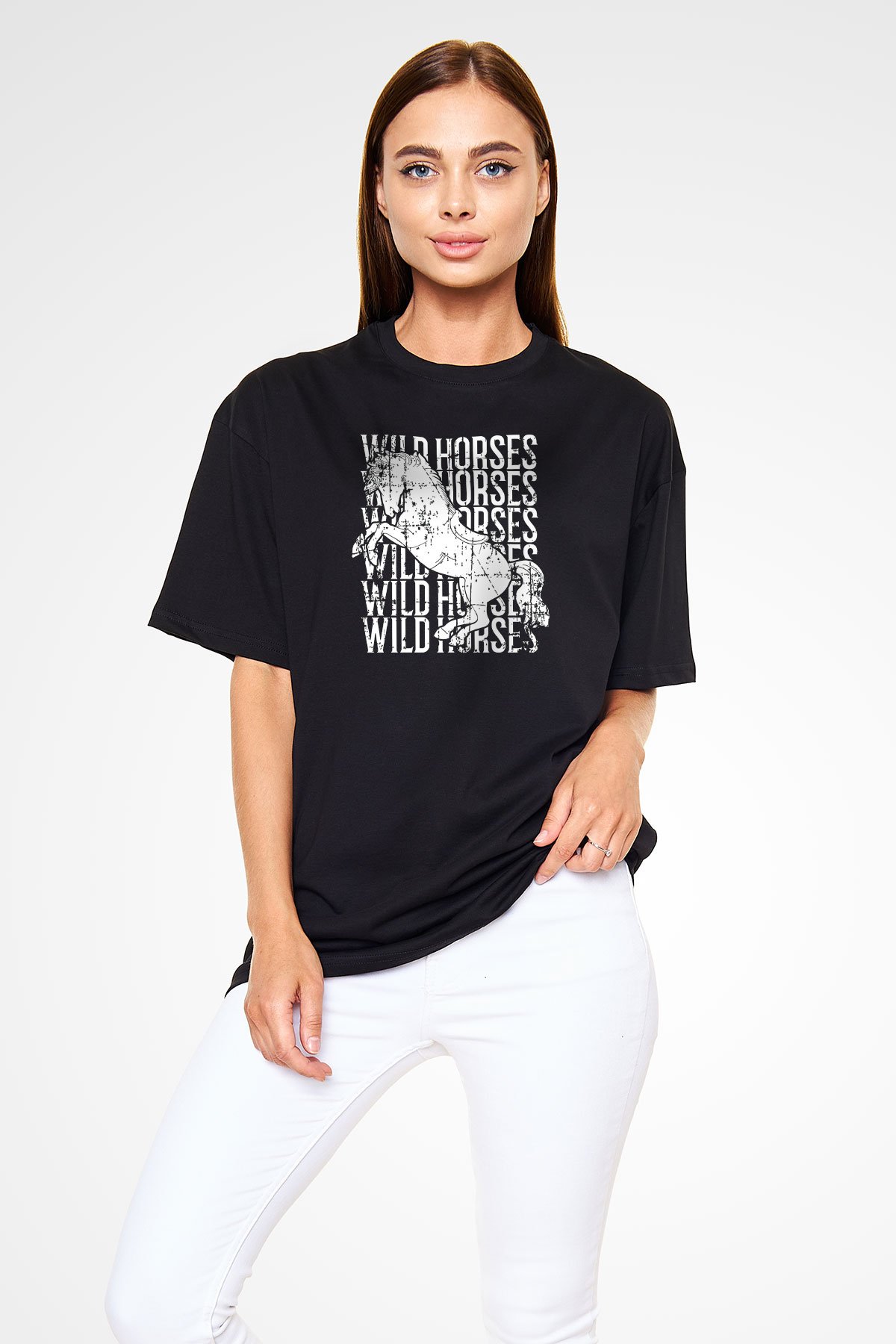 Binicilik - Riding Baskılı Unisex Siyah Oversize Tişört