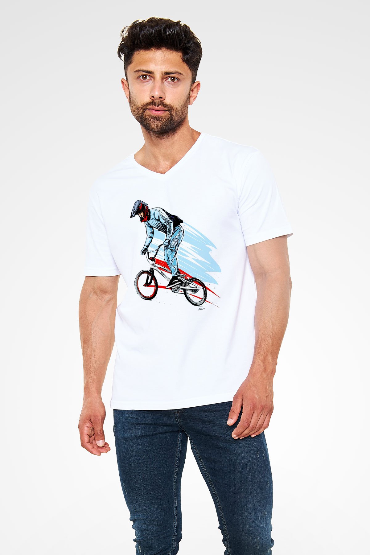 Bisiklet Beyaz Unisex V Yaka Tişört
