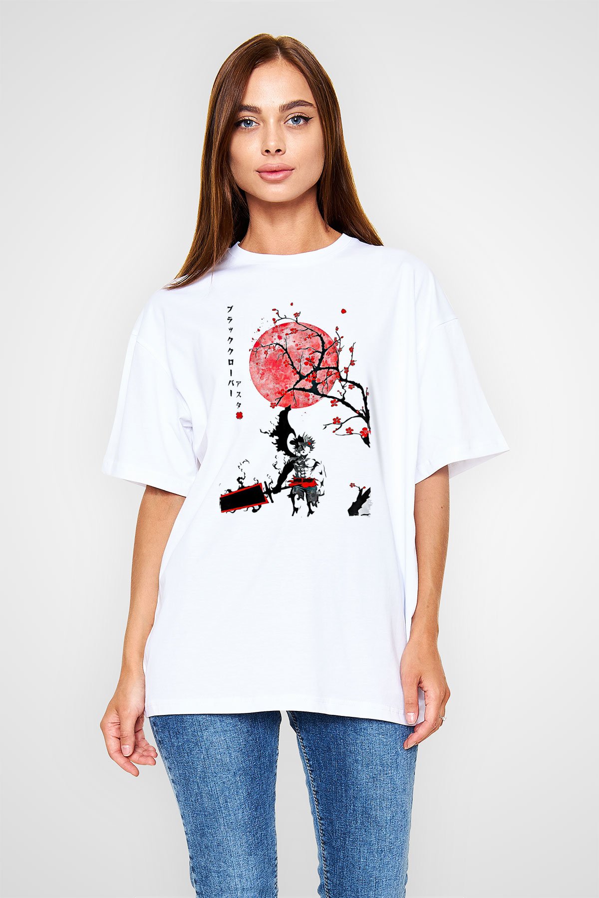 Black Clover Baskılı Beyaz Unisex Oversize Tişört - Tshirt