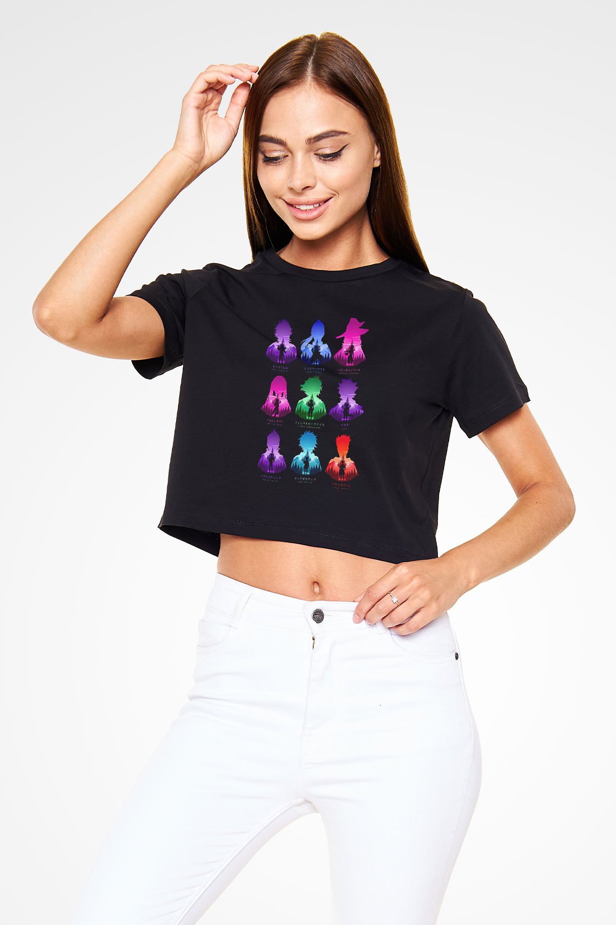 Black Clover Baskılı Siyah Crop Top Kadın Tişört - Tshirt