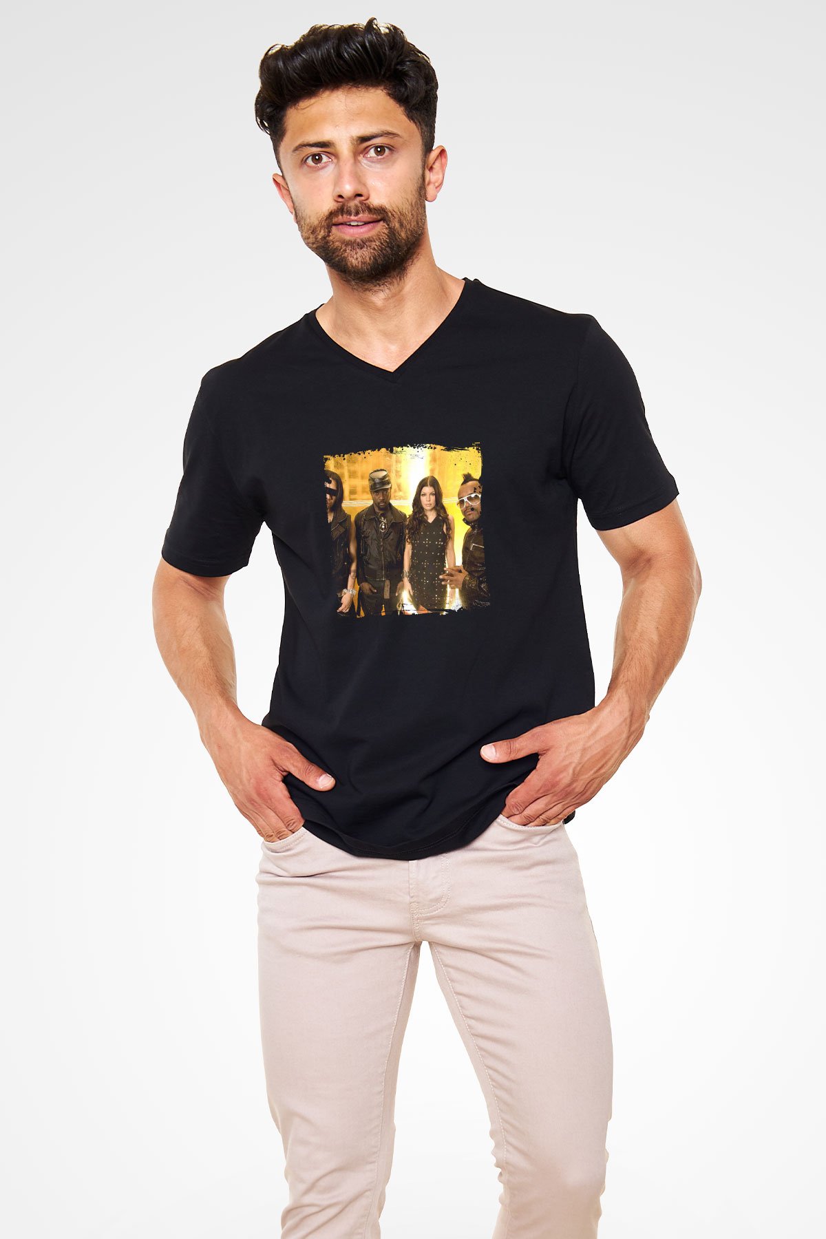Black Eyed Peas Baskılı Unisex Siyah V Yaka Tişört