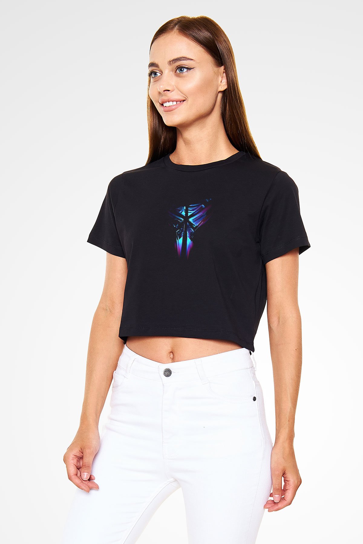 Black Mamba Baskılı Siyah Crop Top Kadın Tişört - Tshirt