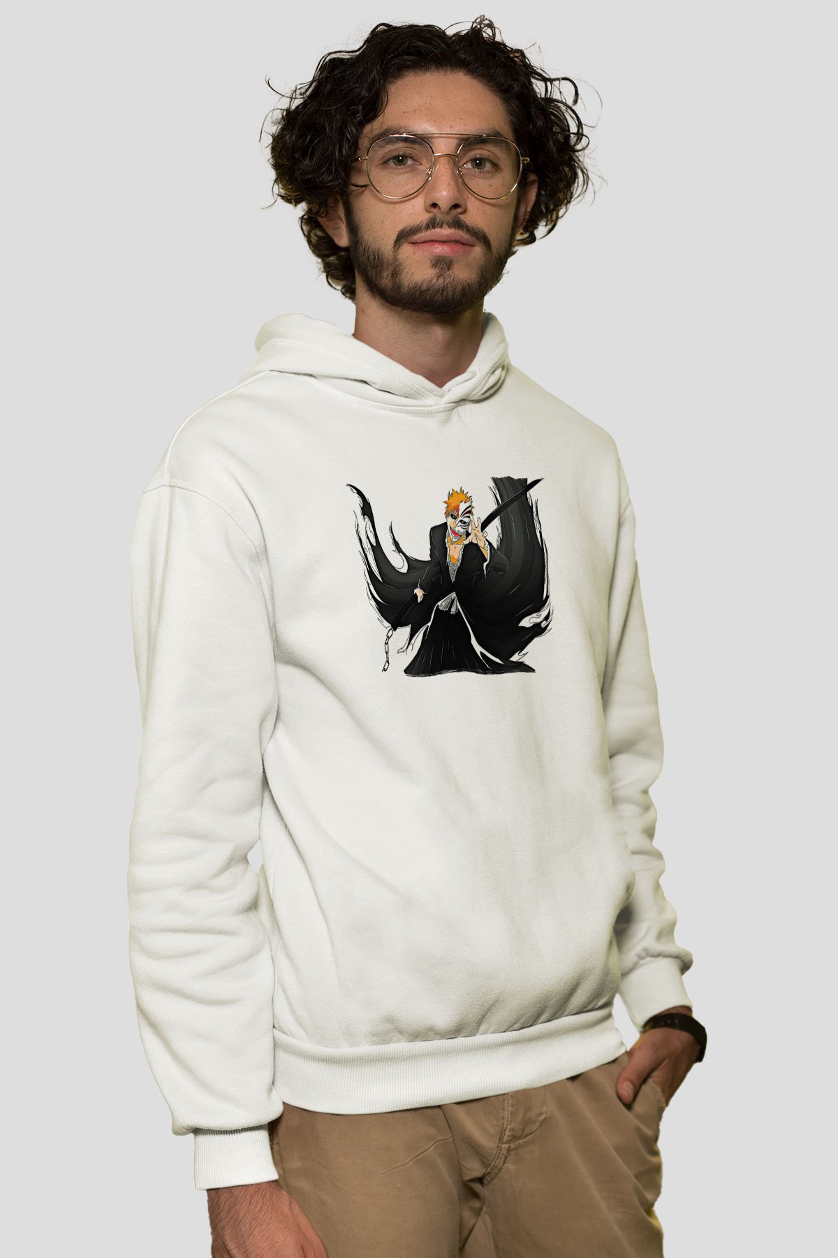 Bleach Baskılı Beyaz Unisex Hoodie