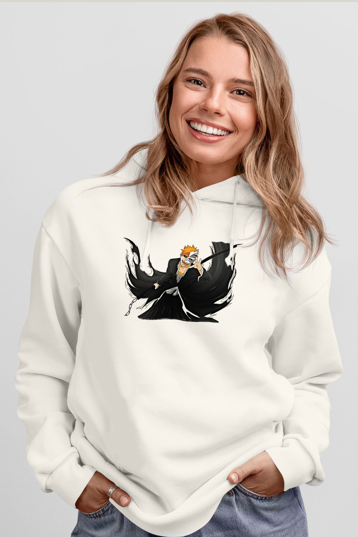 Bleach Baskılı Beyaz Unisex Hoodie