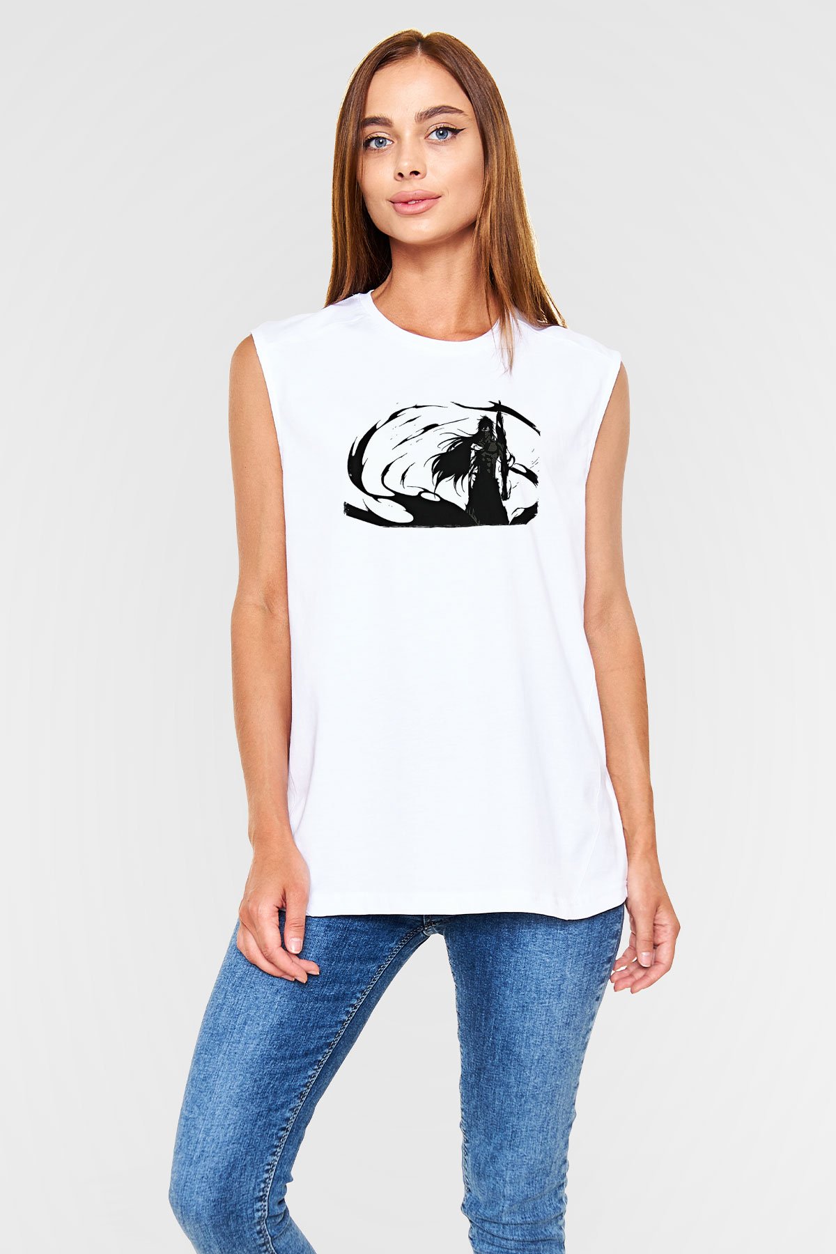Bleach Baskılı Beyaz Unisex Kolsuz Tişört - Tshirt