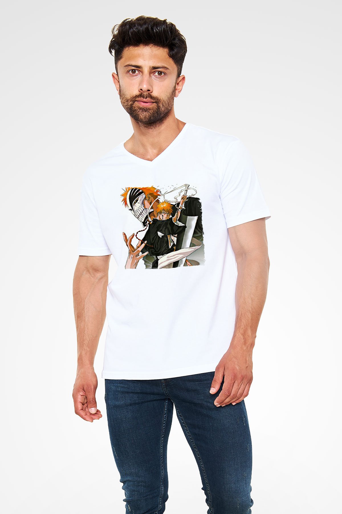 Bleach Baskılı Beyaz Unisex V Yaka Tişört - Tshirt