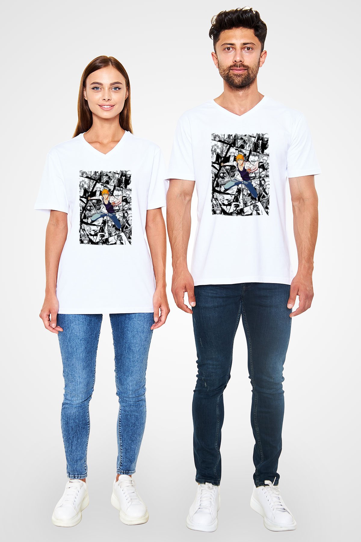 Bleach Baskılı Beyaz Unisex V Yaka Tişört - Tshirt