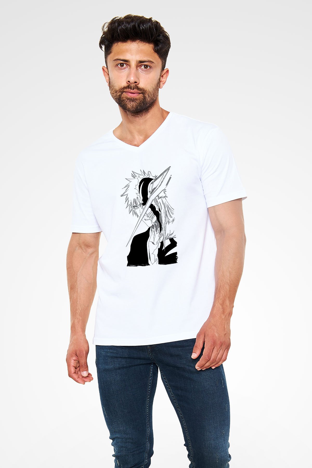 Bleach Baskılı Beyaz Unisex V Yaka Tişört - Tshirt