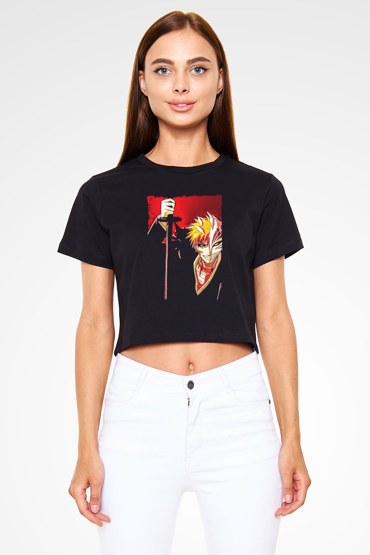 Bleach Baskılı Siyah Crop Top Kadın Tişört - Tshirt