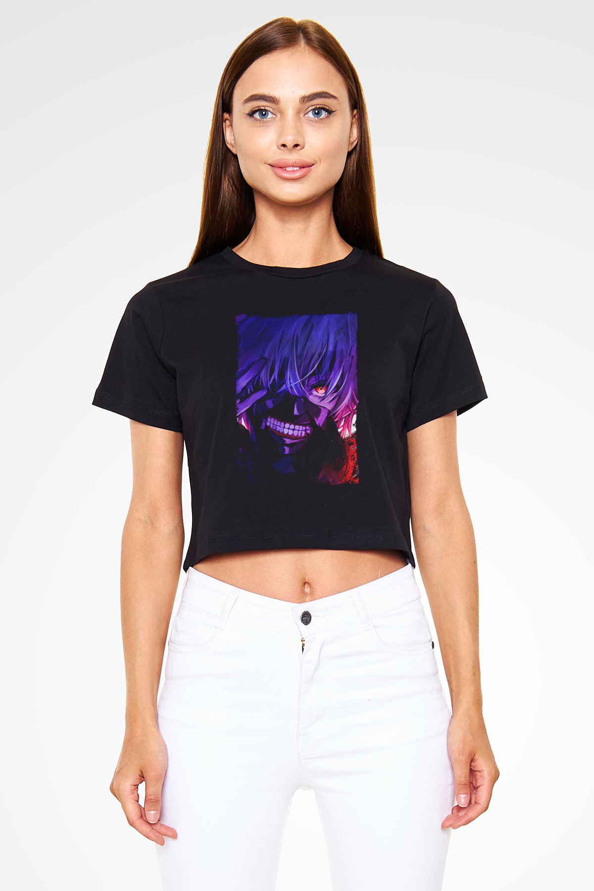 Bleach Baskılı Siyah Crop Top Kadın Tişört - Tshirt