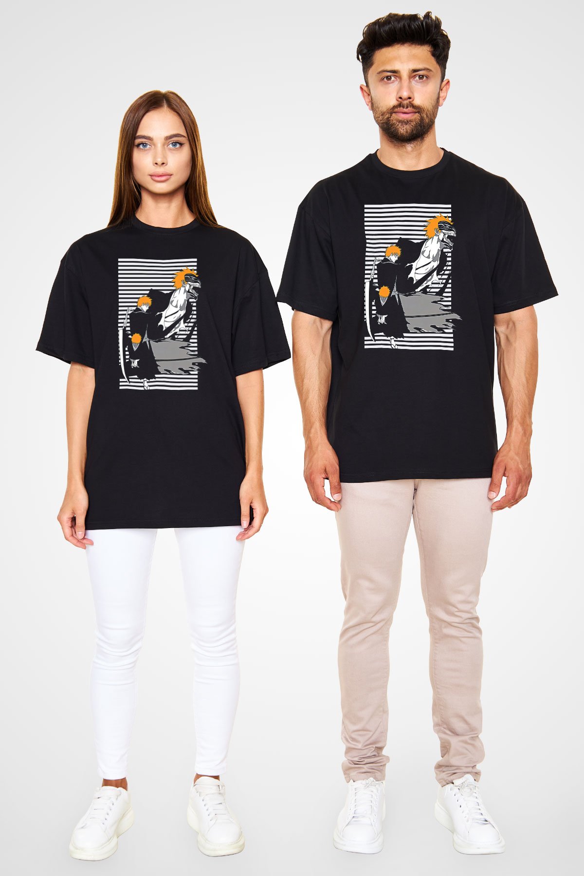Bleach Baskılı Unisex Siyah Oversize Tişört - Tshirt