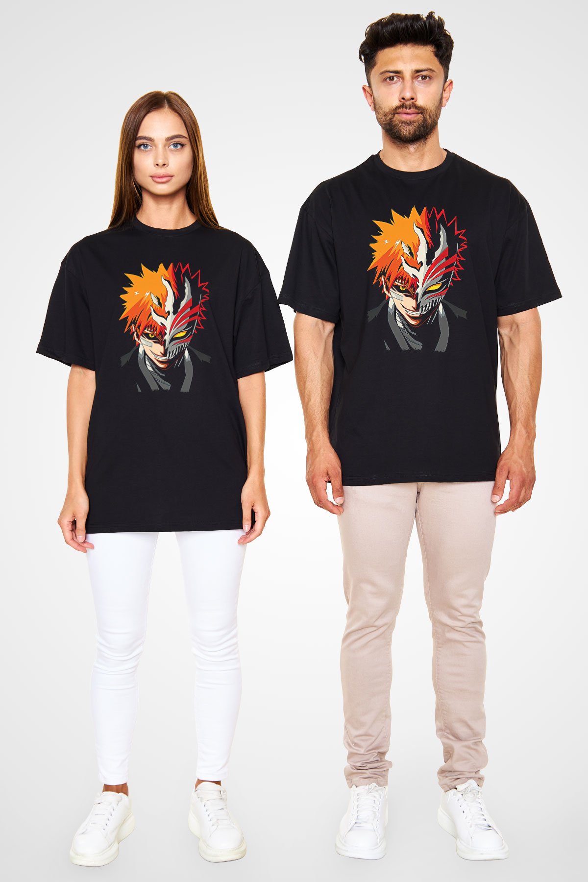 Bleach Baskılı Unisex Siyah Oversize Tişört - Tshirt