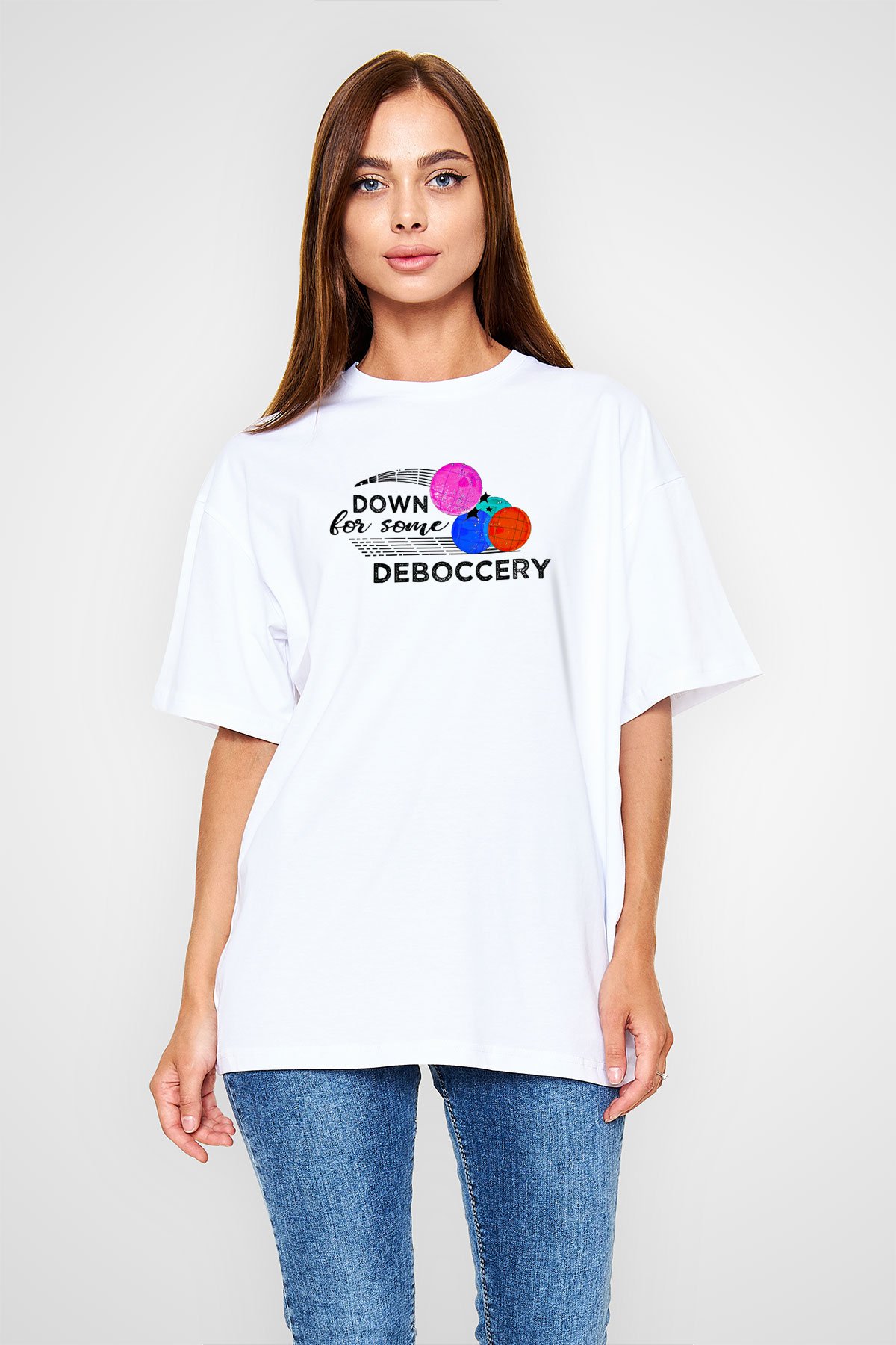Bocce Baskılı Unisex Beyaz Oversize Tişört - Tshirt