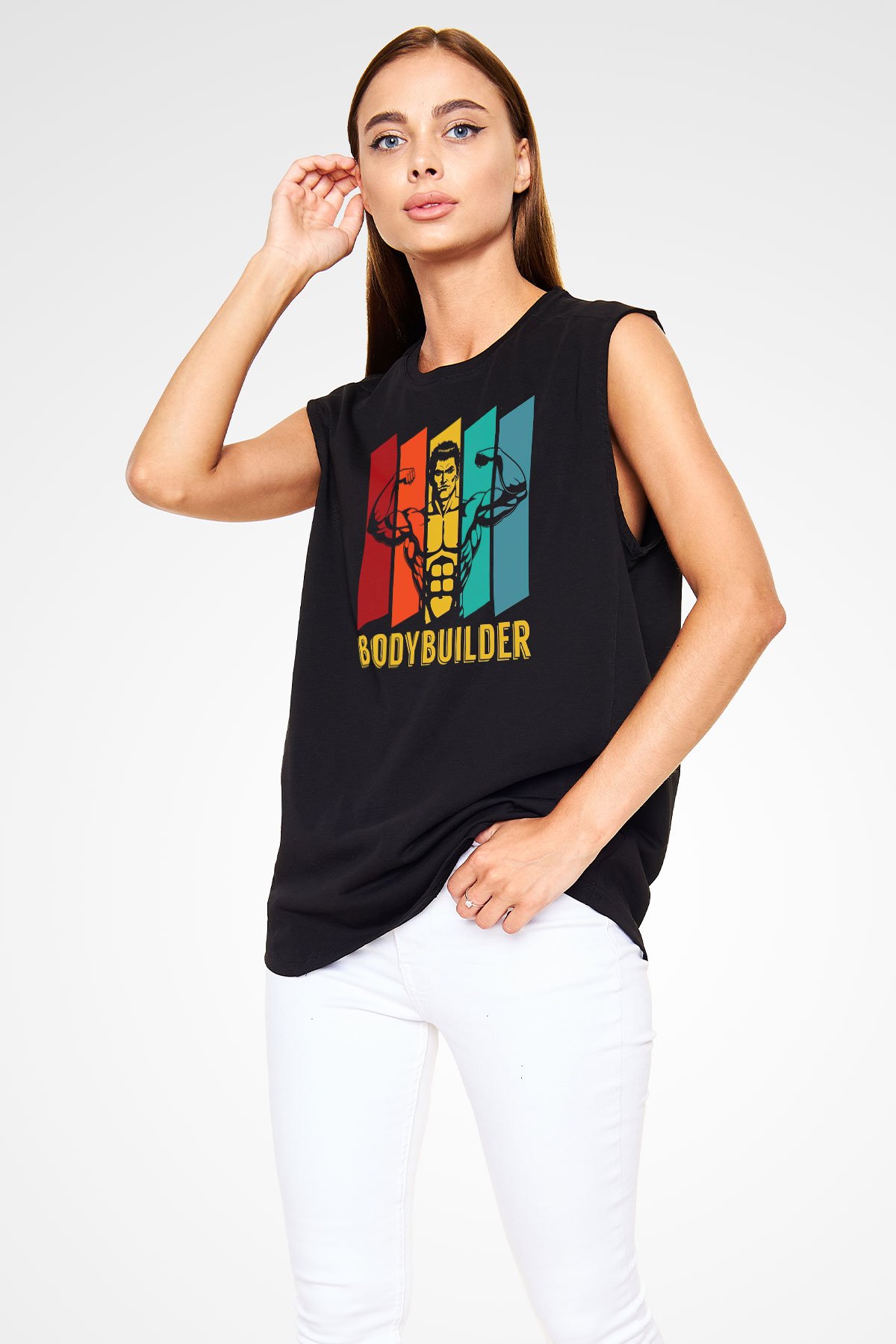 Body Builder Baskılı Unisex Siyah  Kolsuz Tişört
