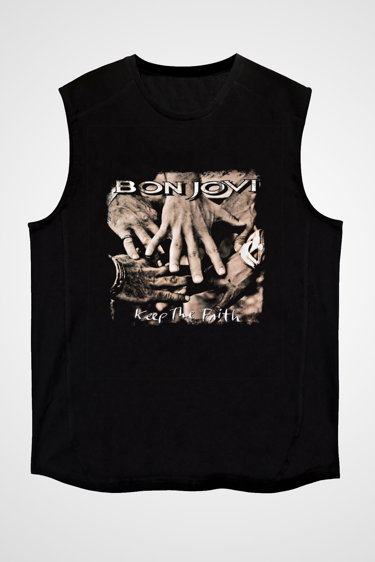 Bon Jovi Baskılı Unisex Siyah Kolsuz Tişört