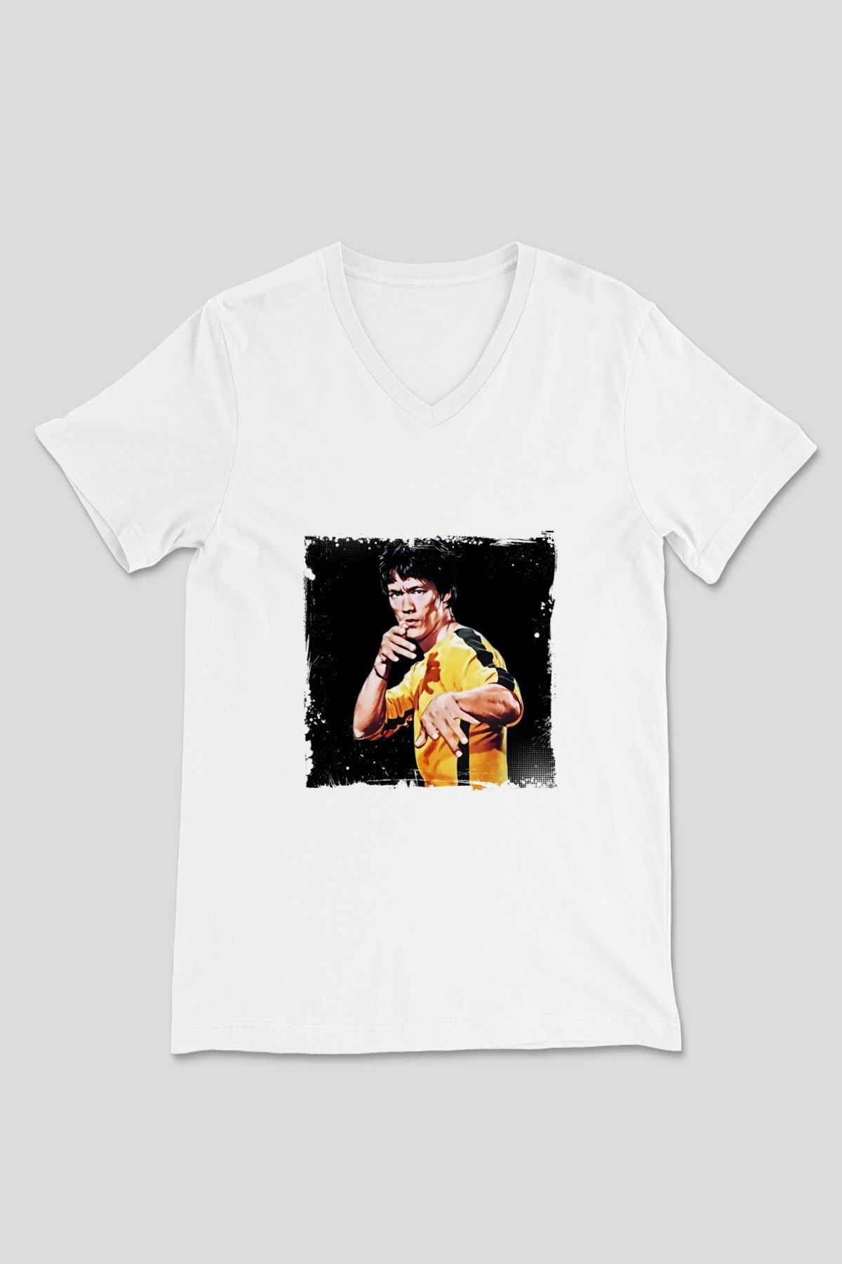 Bruce Lee Baskılı V Yaka Unisex Beyaz Tişört