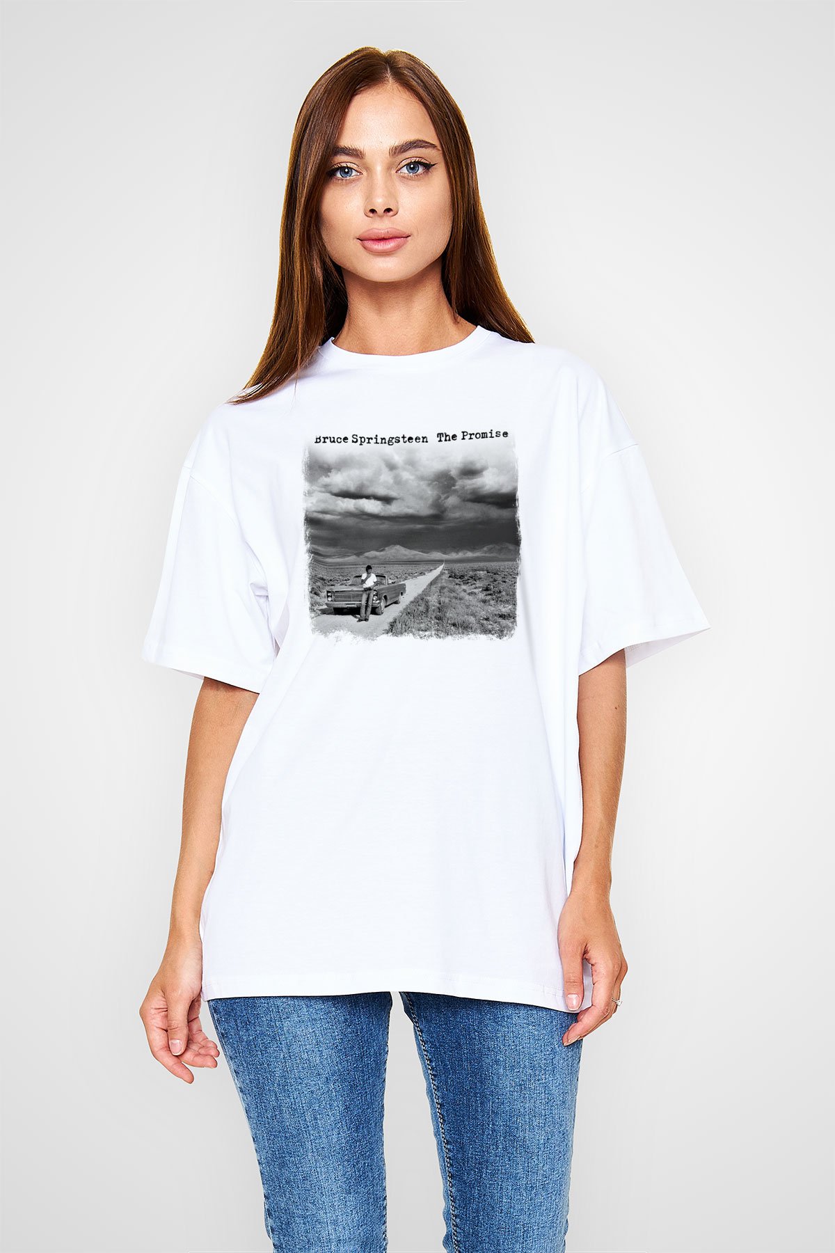 Bruce Springsteen Baskılı Unisex Beyaz Oversize Tişört