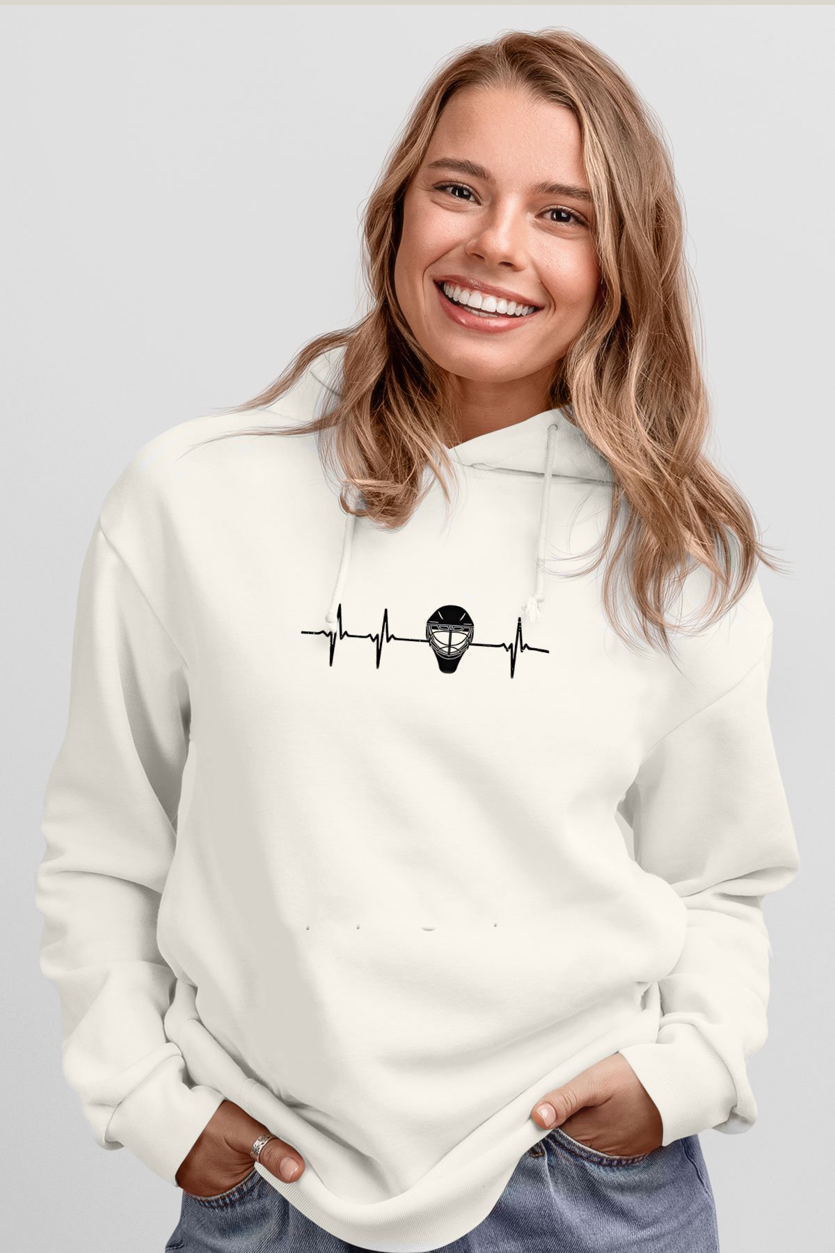 Buz Hokeyi Baskılı Unisex Ekru Hoodie