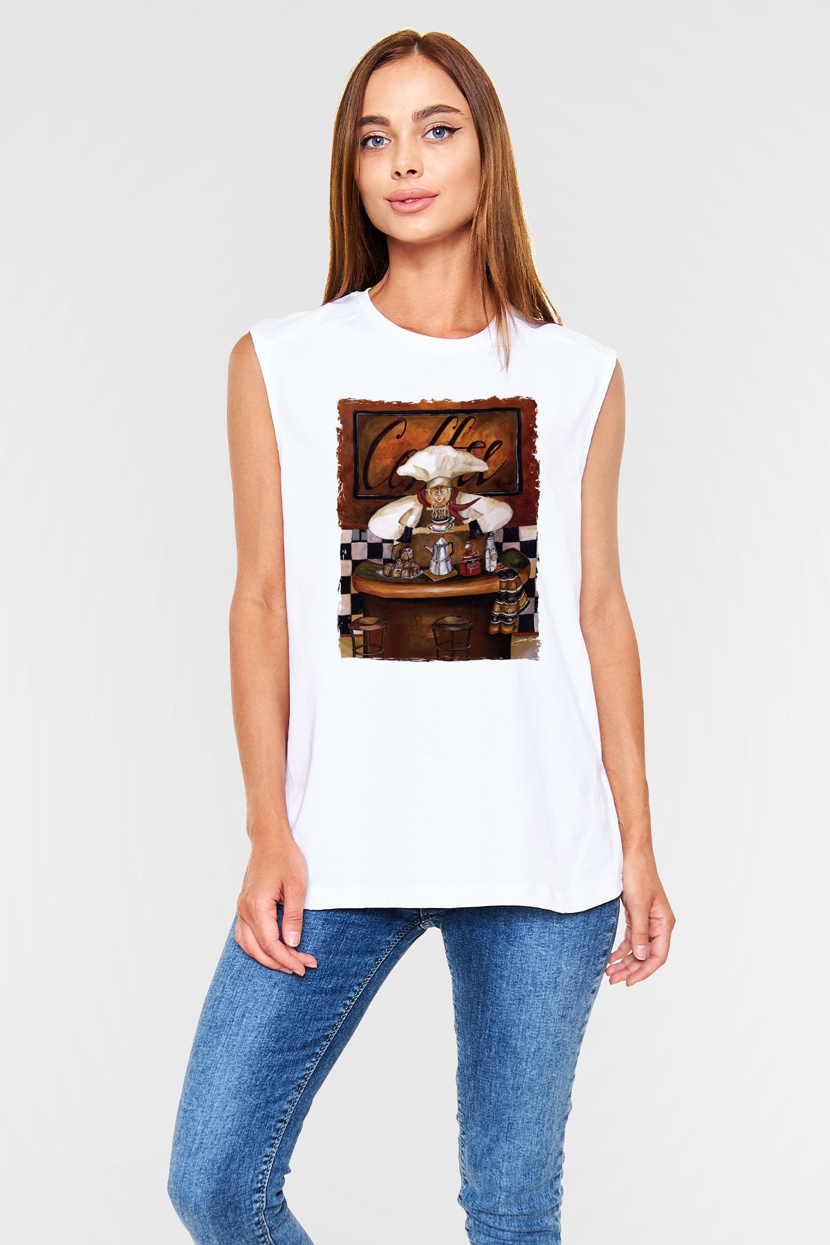 Cafe Beyaz Unisex Kolsuz Tişört
