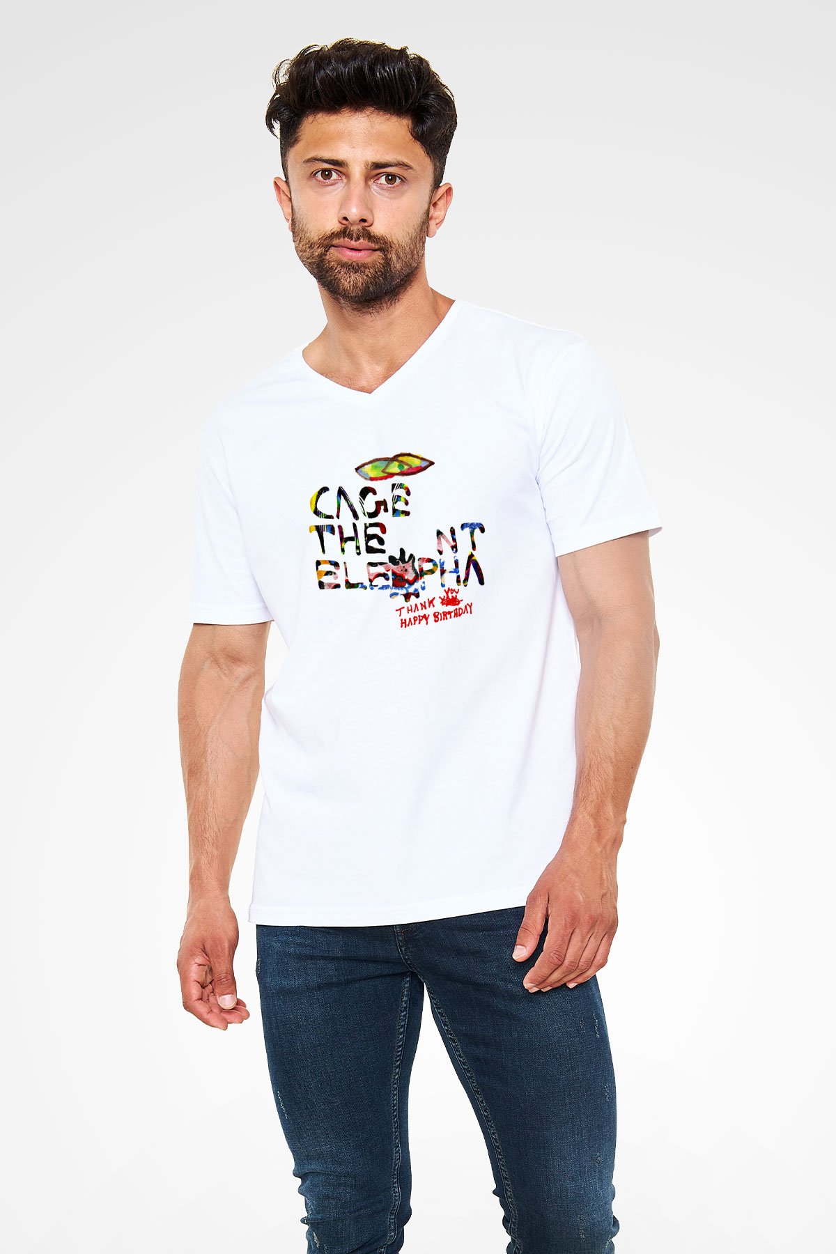 Cage the Elephant Baskılı Unisex Beyaz V Yaka Tişört