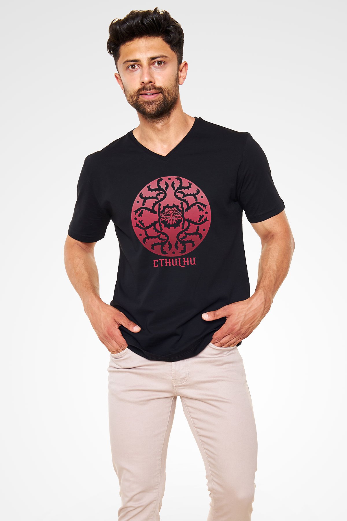 Call Of Ctulhu Baskılı Unisex Siyah V Yaka Tişört - Tshirt