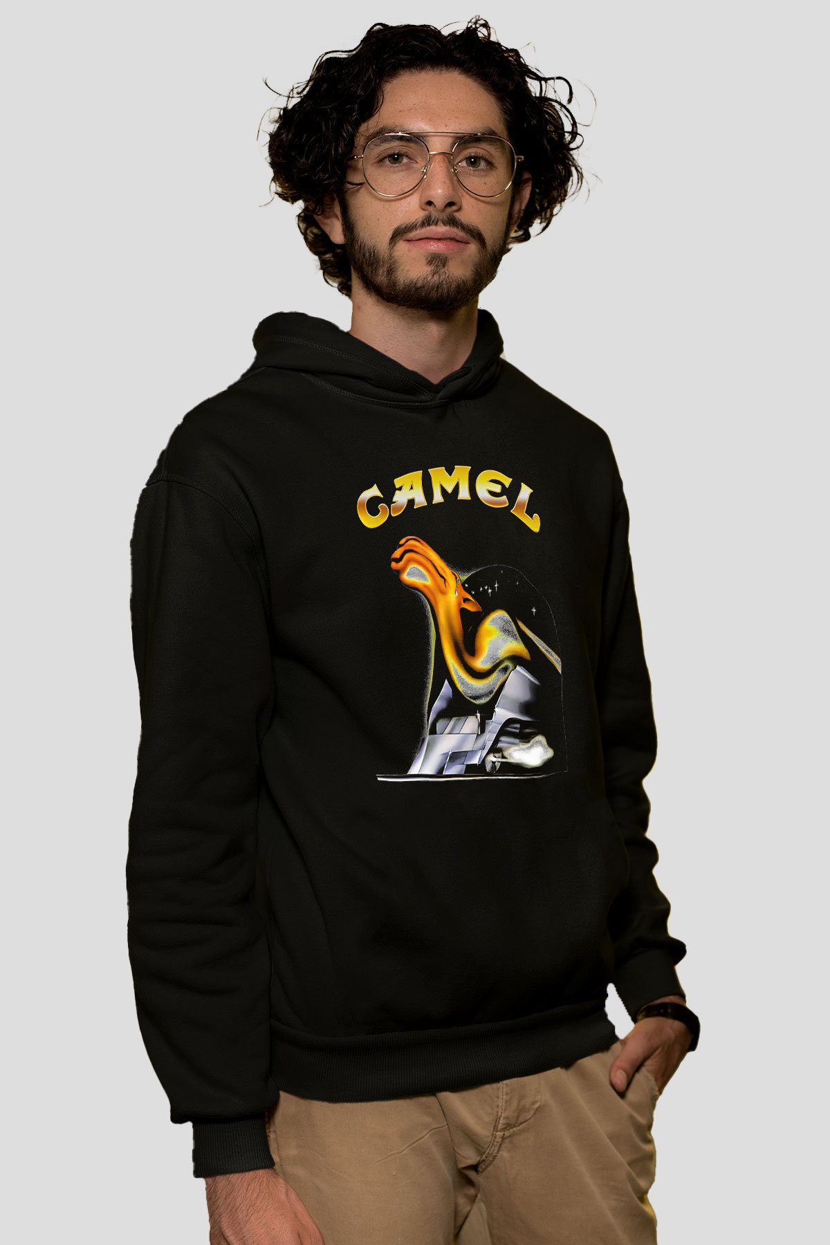Camel Baskılı Unisex Siyah Kapüşonlu Sweatshirt