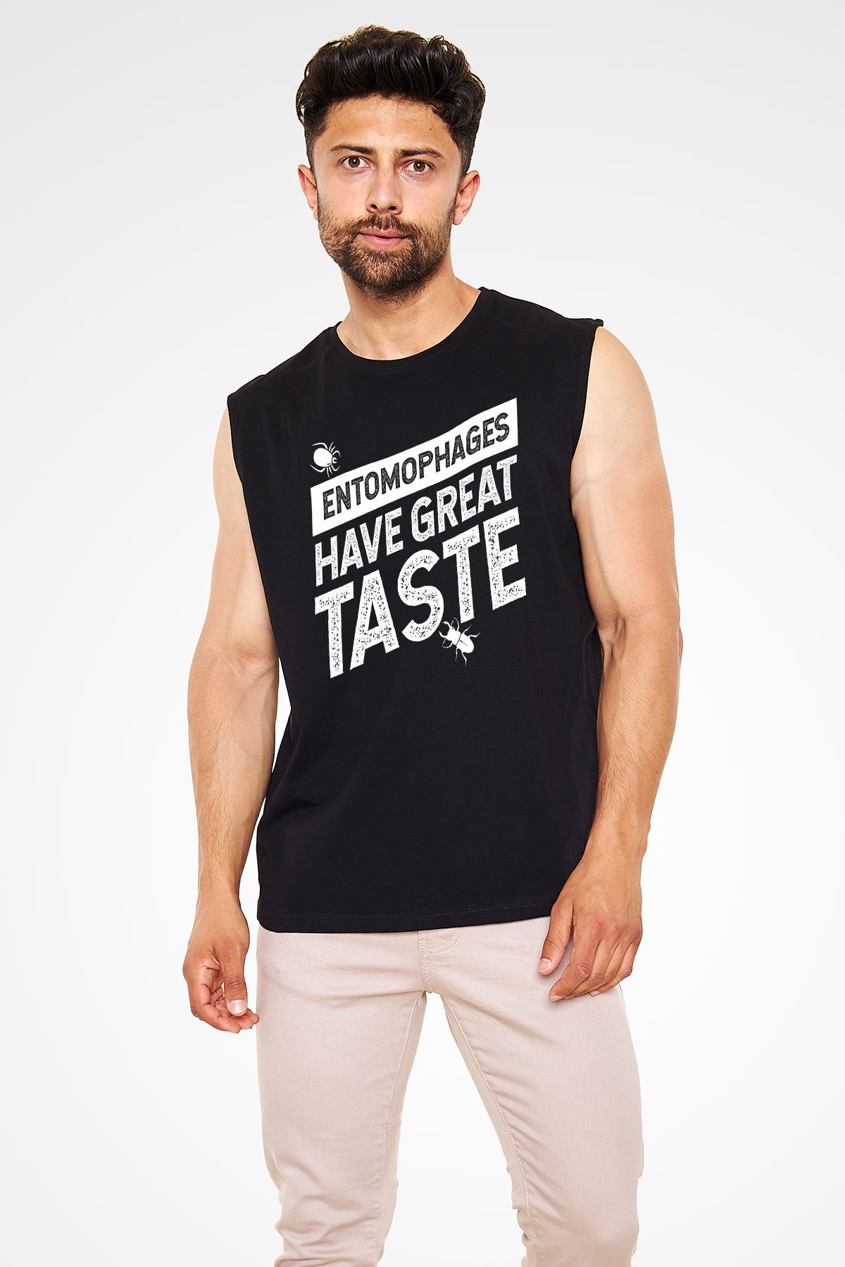 Çekirge Baskılı Unisex Siyah Kolsuz Tişört - Tshirt