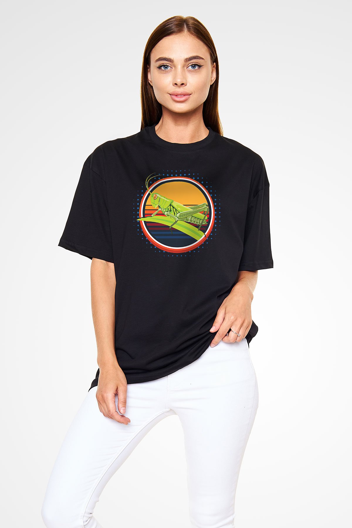Çekirge Baskılı Unisex Siyah Oversize Tişört - Tshirt