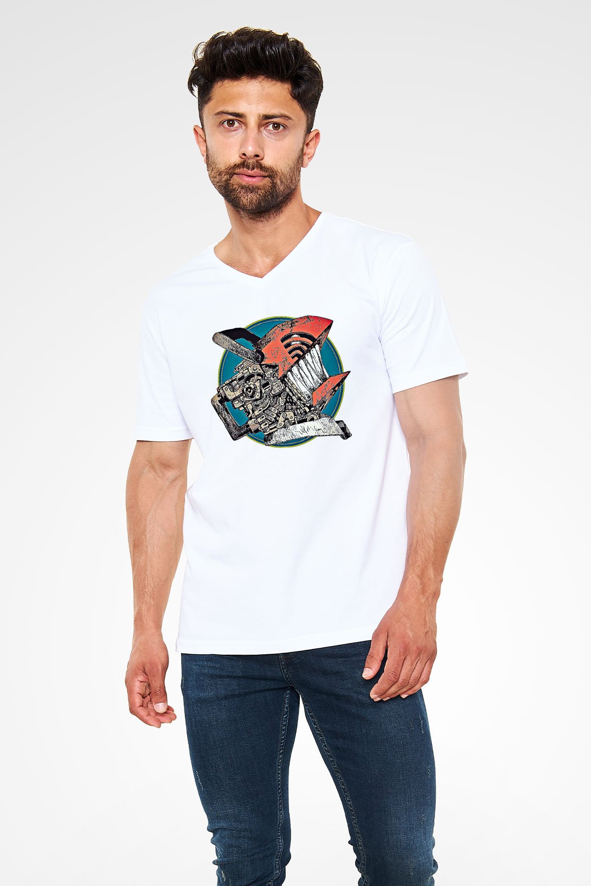 Chainsaw Man Baskılı Beyaz Unisex V Yaka Tişört - Tshirt