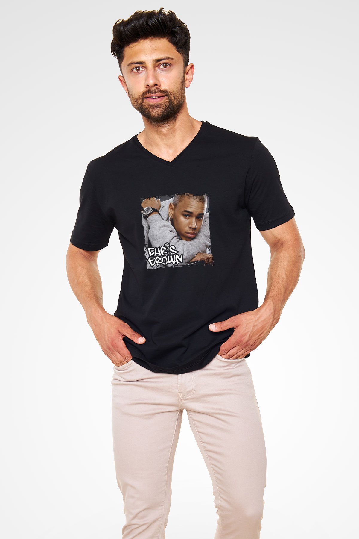 Chris Brown Baskılı Unisex Siyah V Yaka Tişört