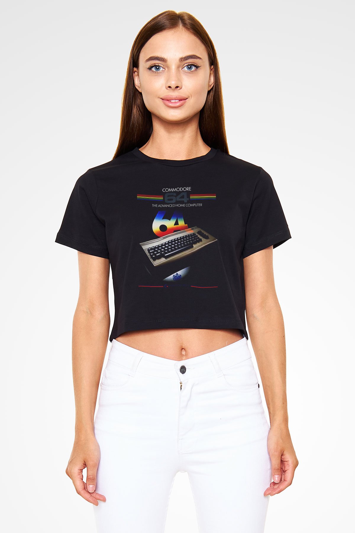 Commodore 64 Baskılı Siyah Crop Top Kadın Tişört - Tshirt