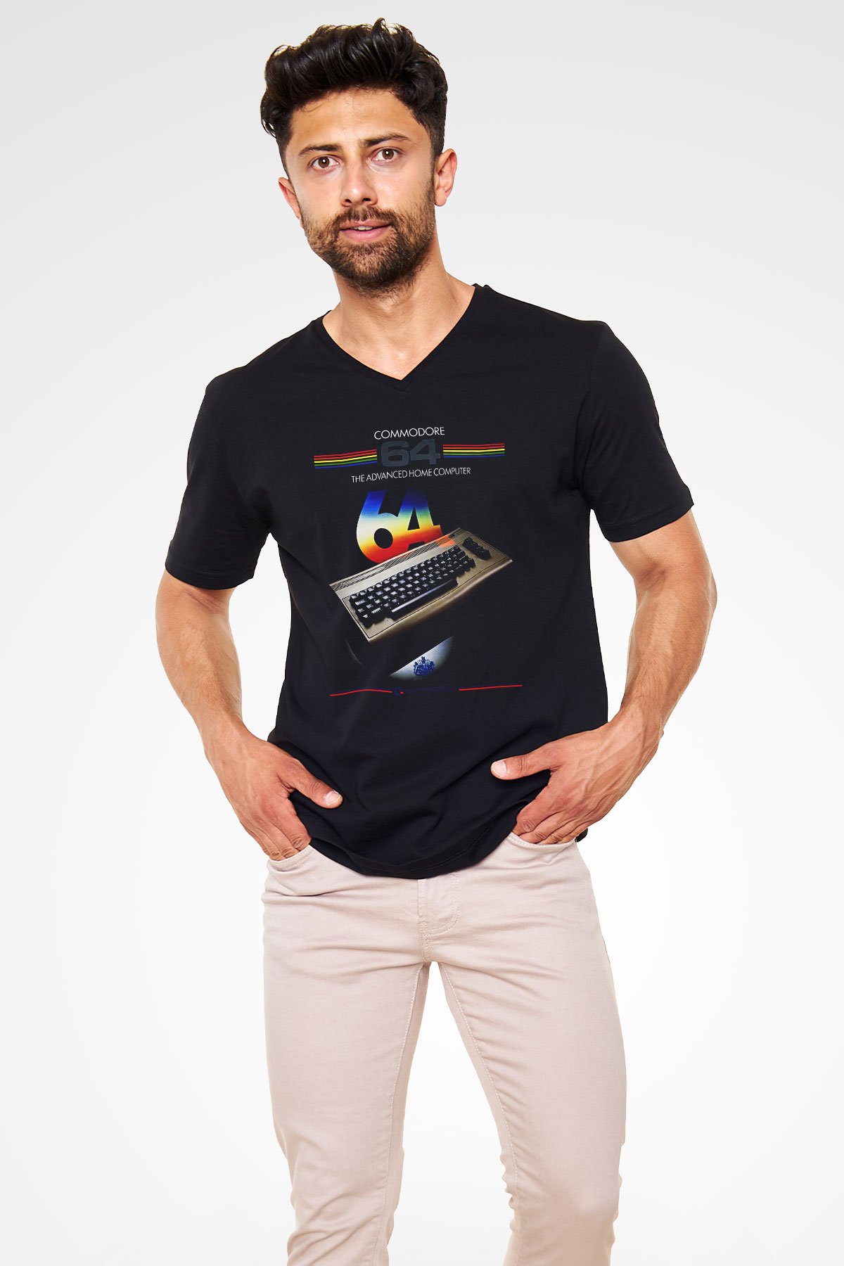 Commodore 64 Baskılı Unisex Siyah V Yaka Tişört - Tshirt