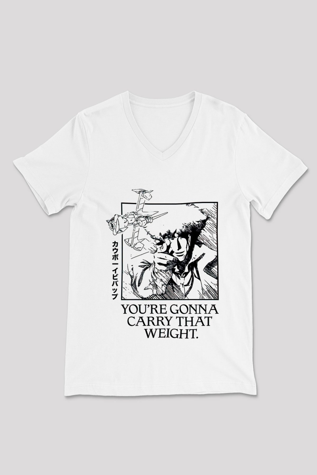 Cowboy Bebop Baskılı Beyaz Unisex V Yaka Tişört - Tshirt