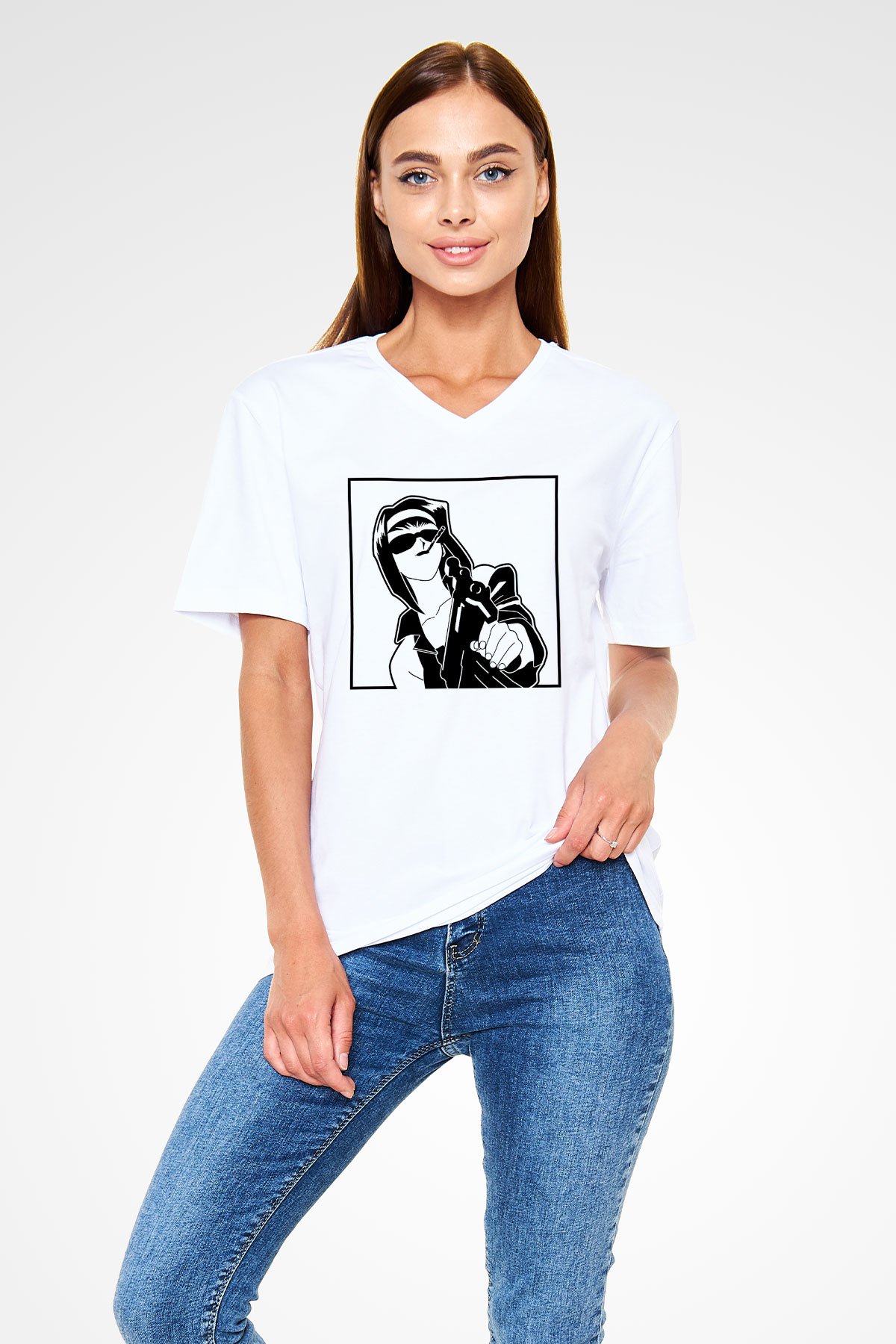 Cowboy Bebop Baskılı Beyaz Unisex V Yaka Tişört - Tshirt