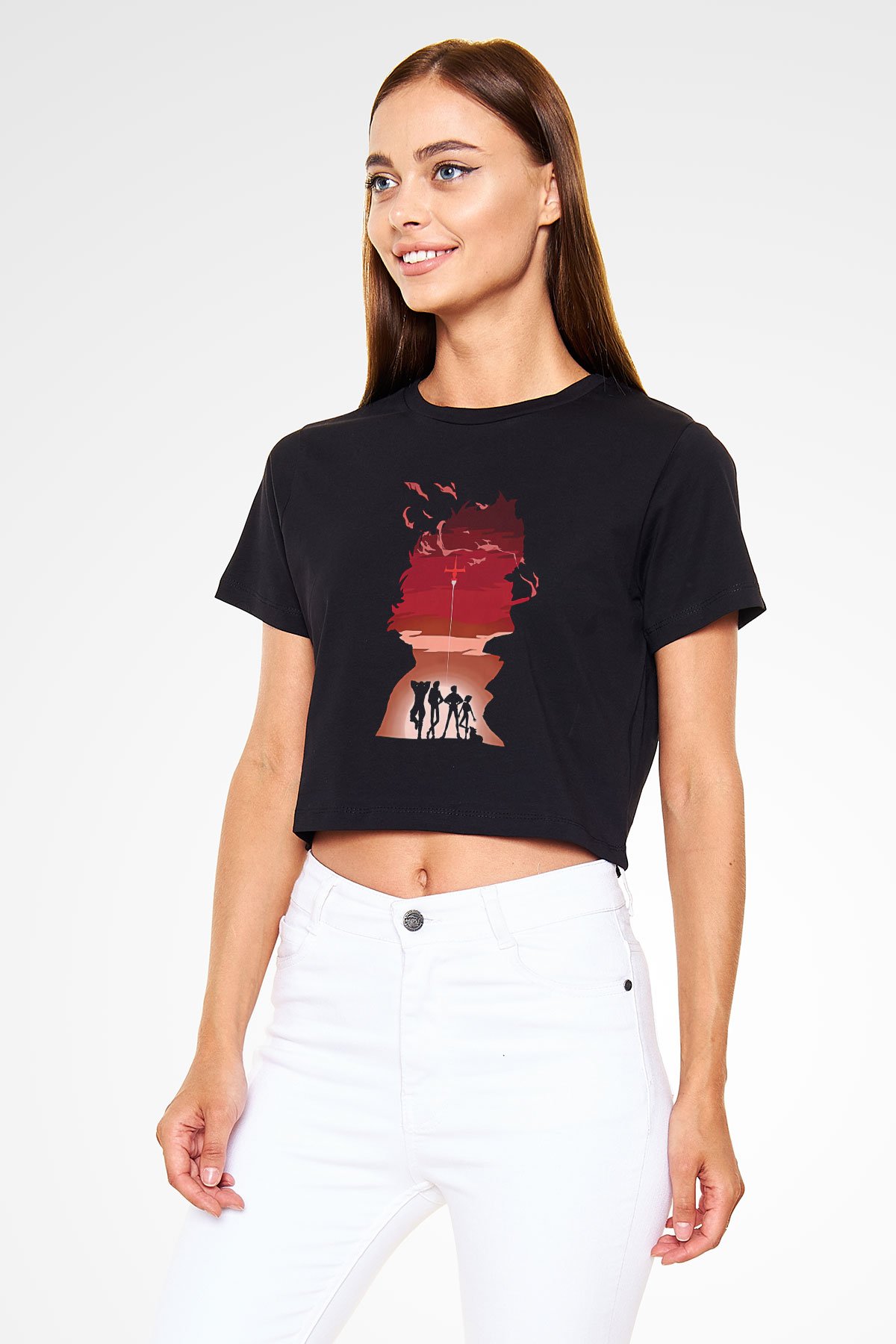 Cowboy Bebop Baskılı Siyah Crop Top Kadın Tişört - Tshirt