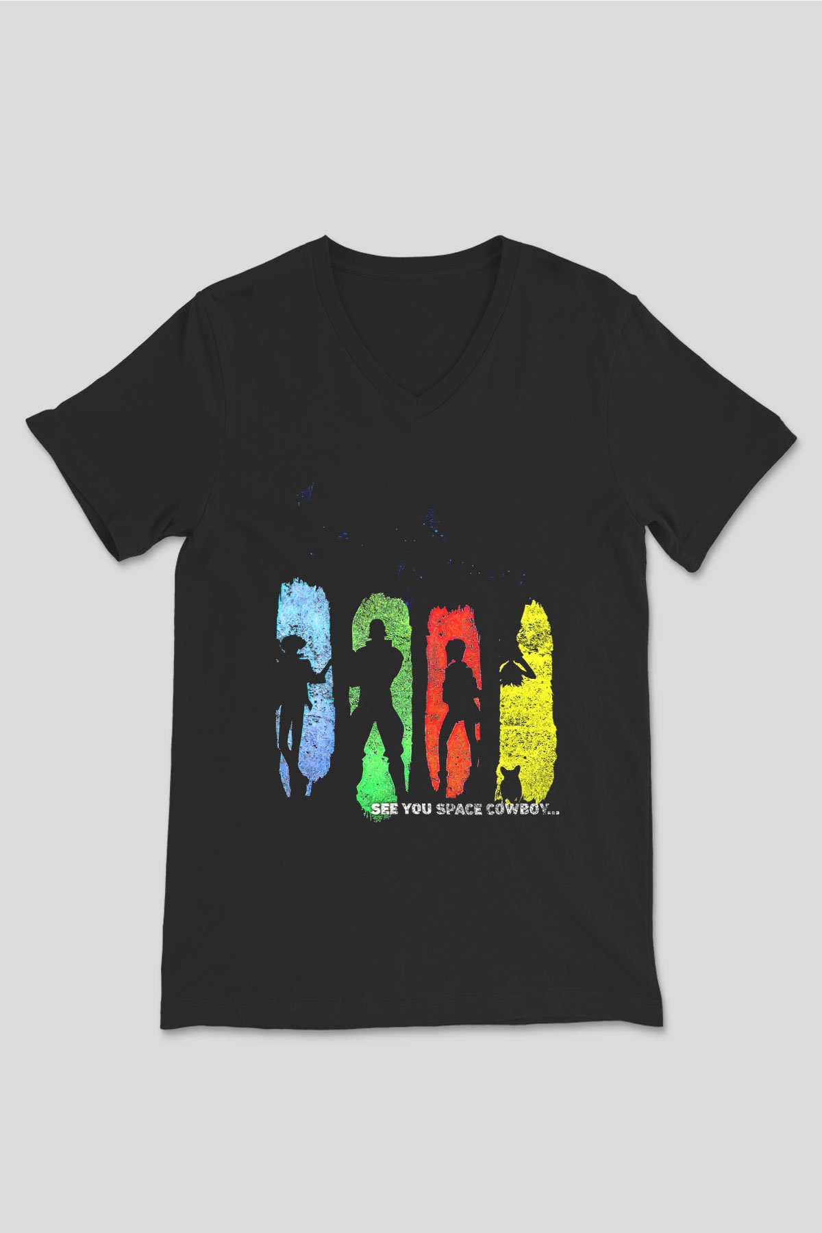 Cowboy Bebop Baskılı Unisex Siyah V Yaka Tişört - Tshirt