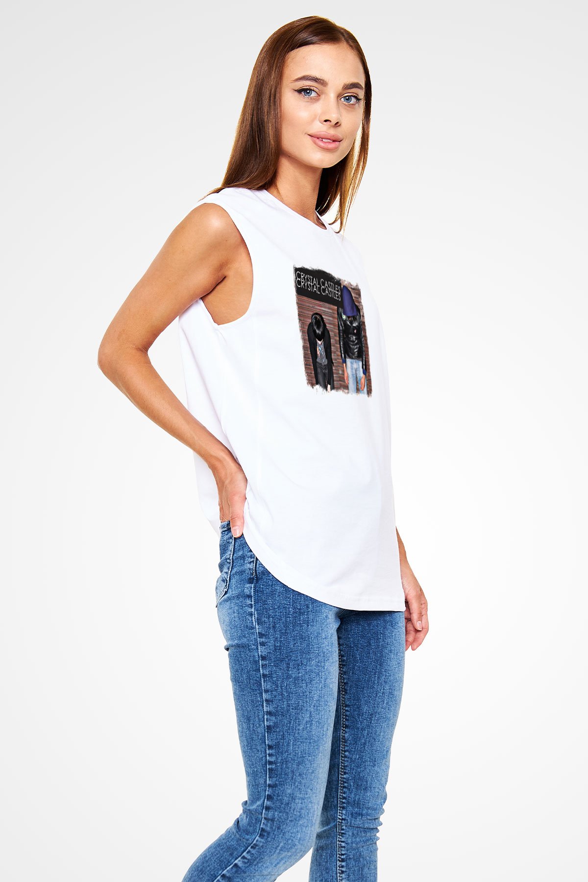 Crystal Castles Baskılı Unisex Beyaz Kolsuz Tişört