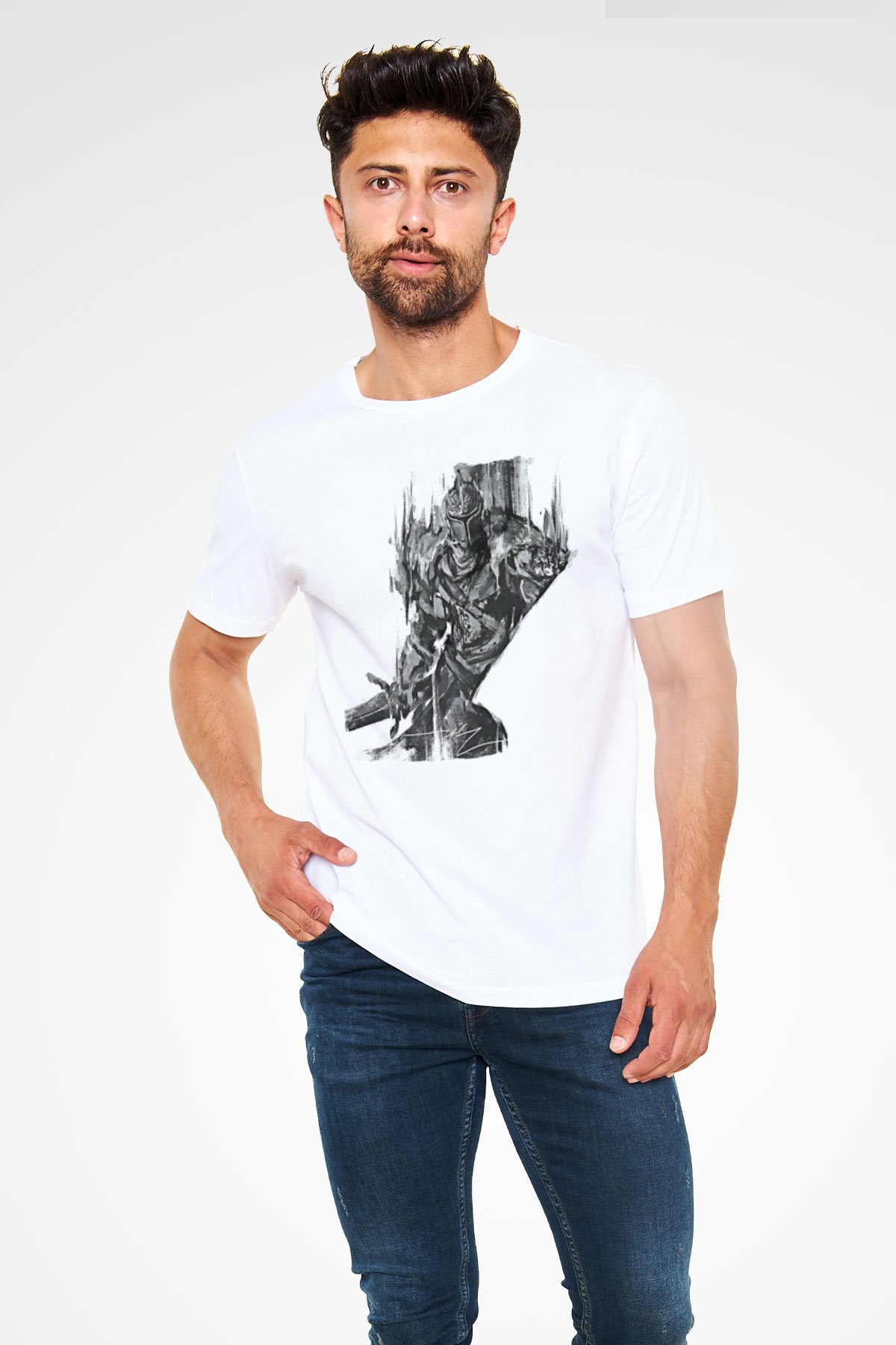 Dark Souls Baskılı Unisex Beyaz Tişört - Tshirt