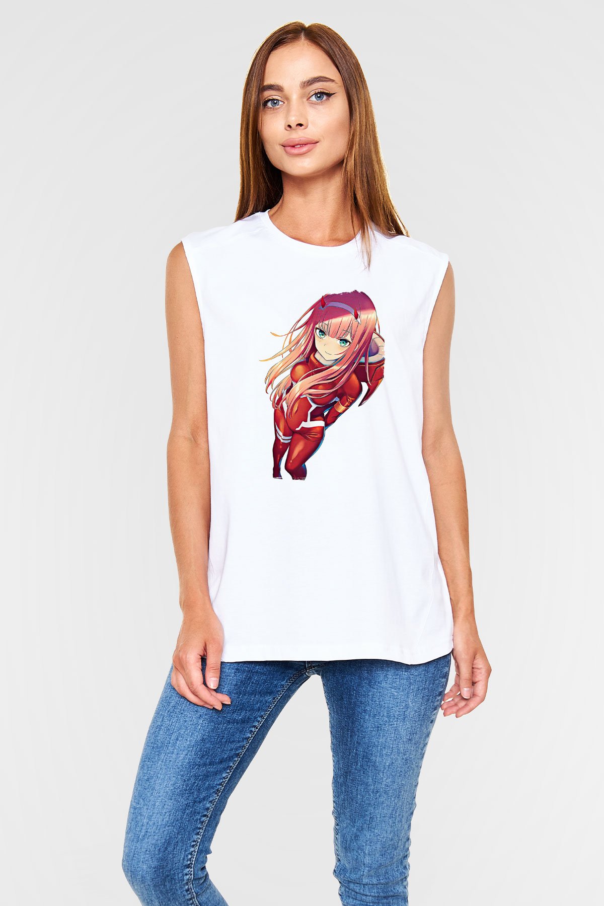 Darling İn The Franxx Baskılı Beyaz Unisex Kolsuz Tişört - Tshirt
