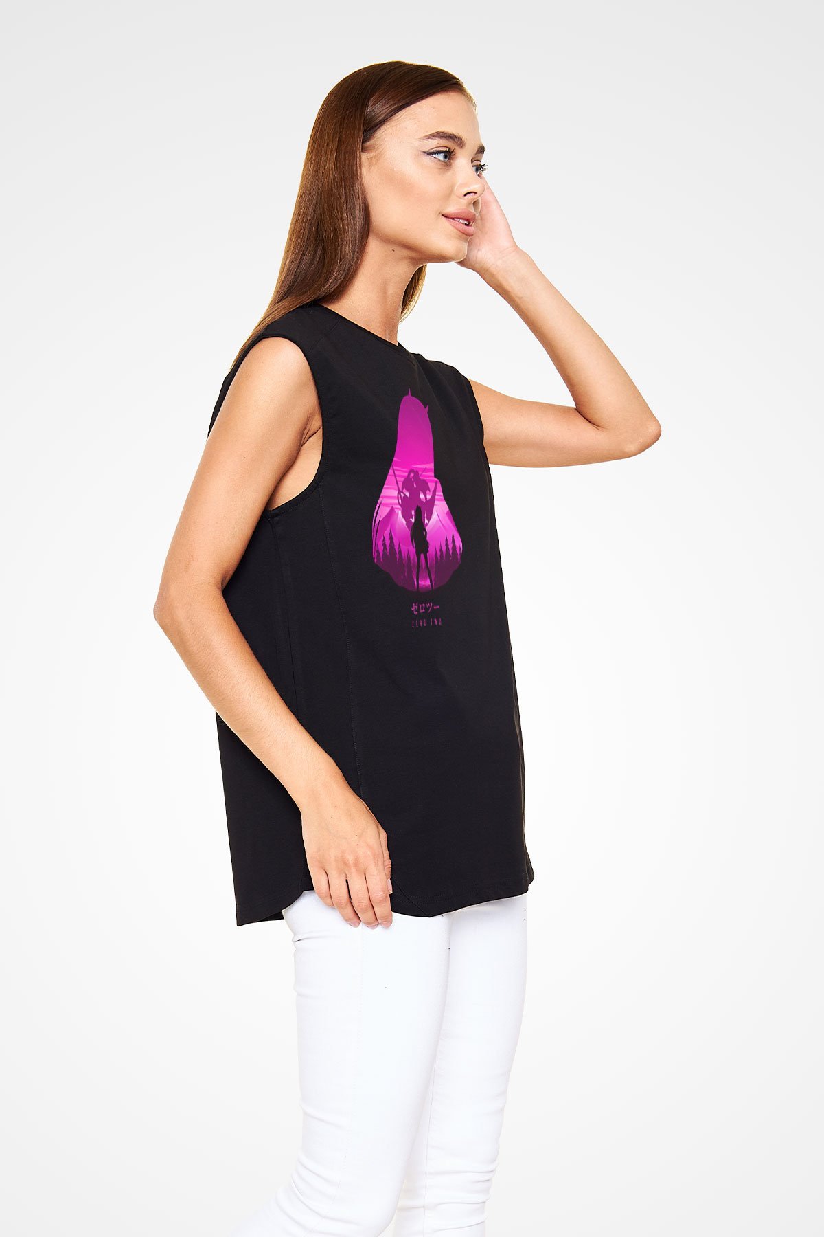 Darling İn The Franxx Baskılı Unisex Siyah Kolsuz Tişört - Tshirt