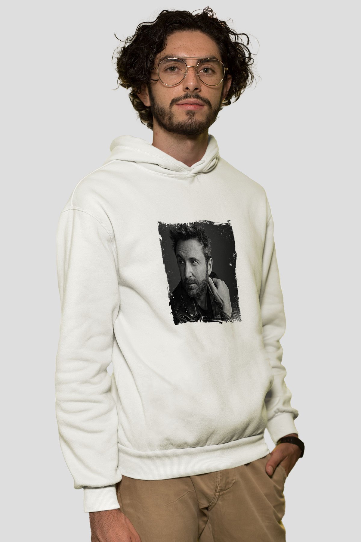 David GuettaBaskılı Beyaz Hoodie