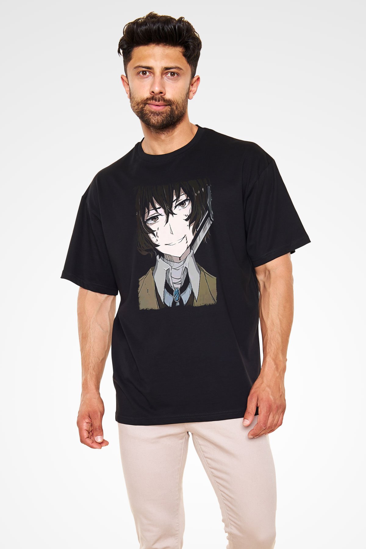 Dazai Baskılı Unisex Siyah Oversize Tişört - Tshirt