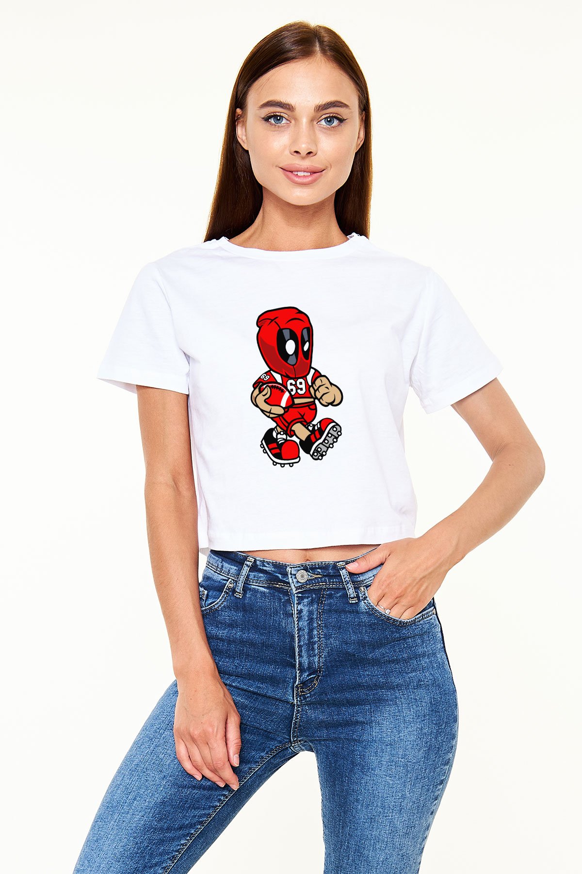 Deadpool Football Baskılı Beyaz Kadın Crop Top Tişört