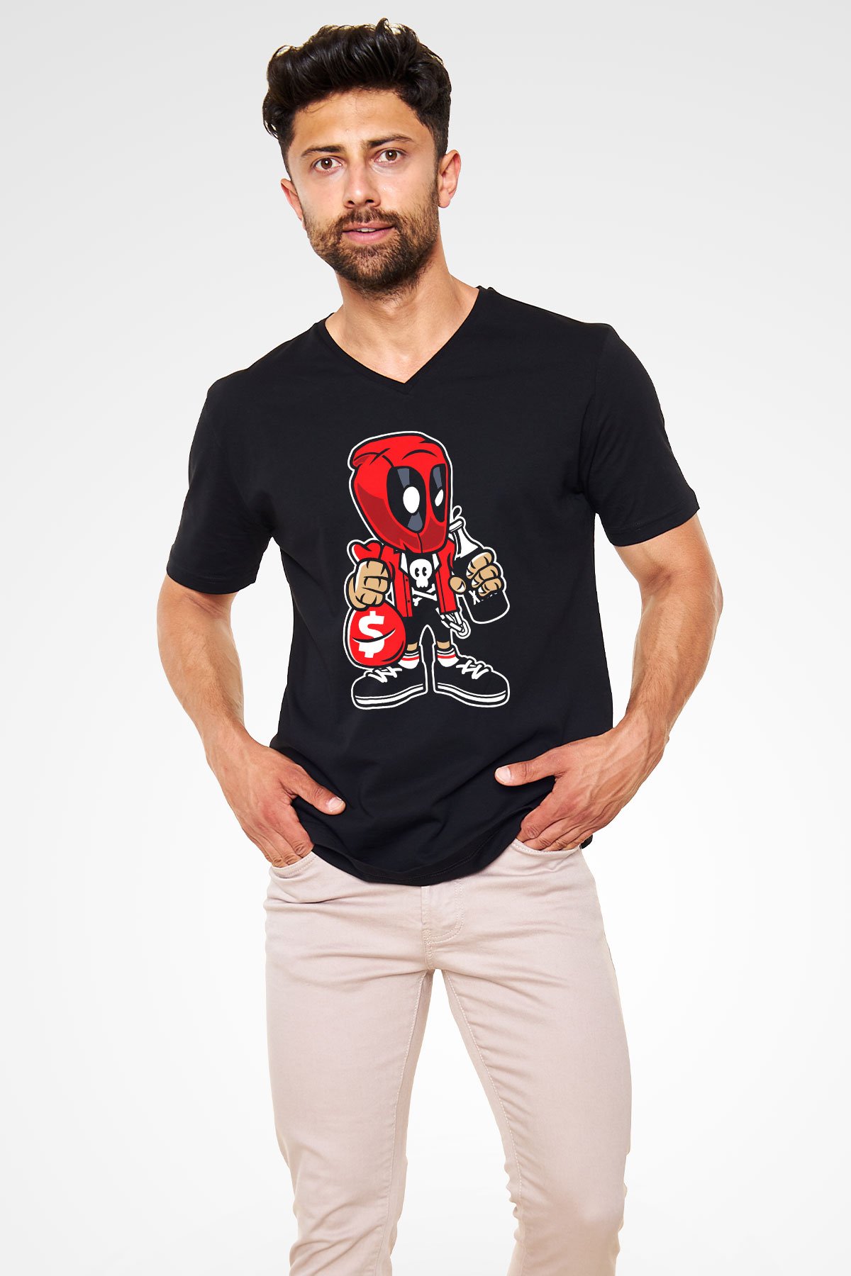 Deadpool Street Bastard Baskılı Unisex Siyah V Yaka Tişört