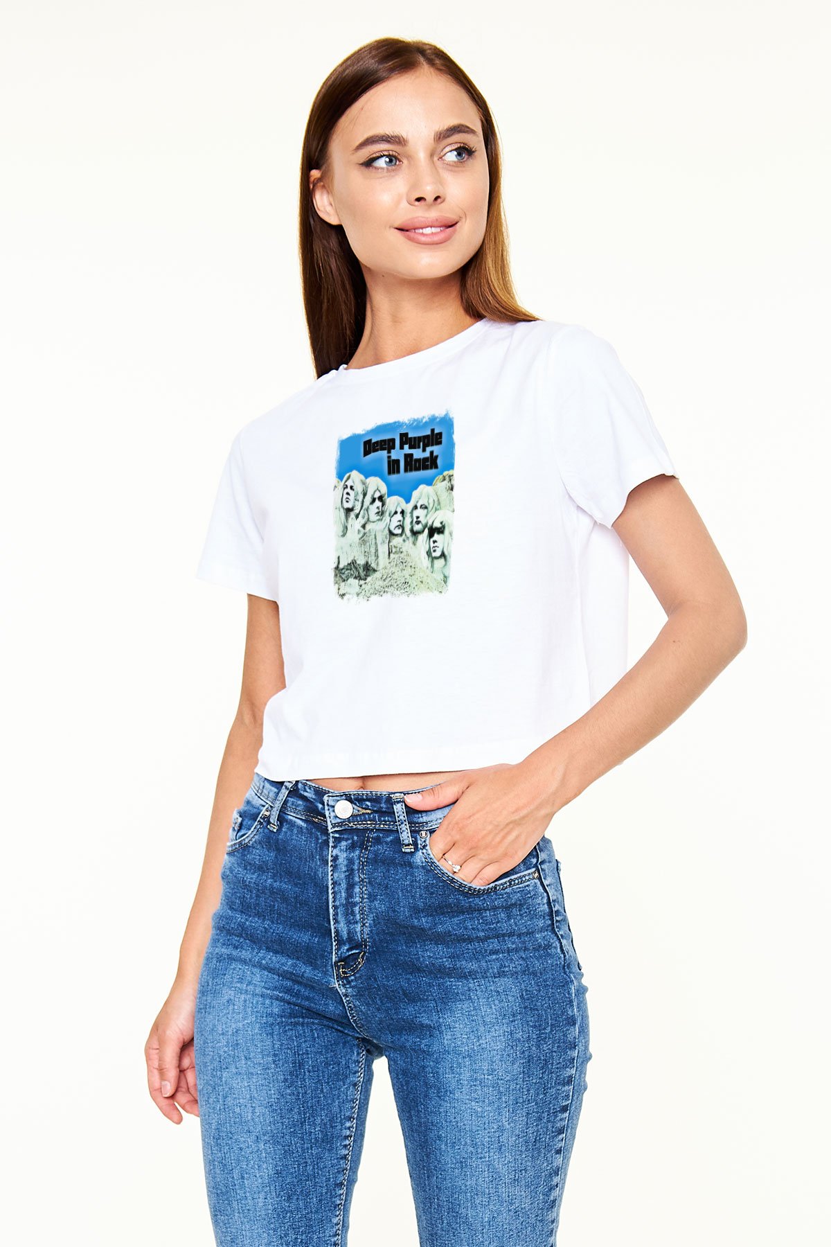 Deep Purple Baskılı Unisex Beyaz Crop Top Tişört