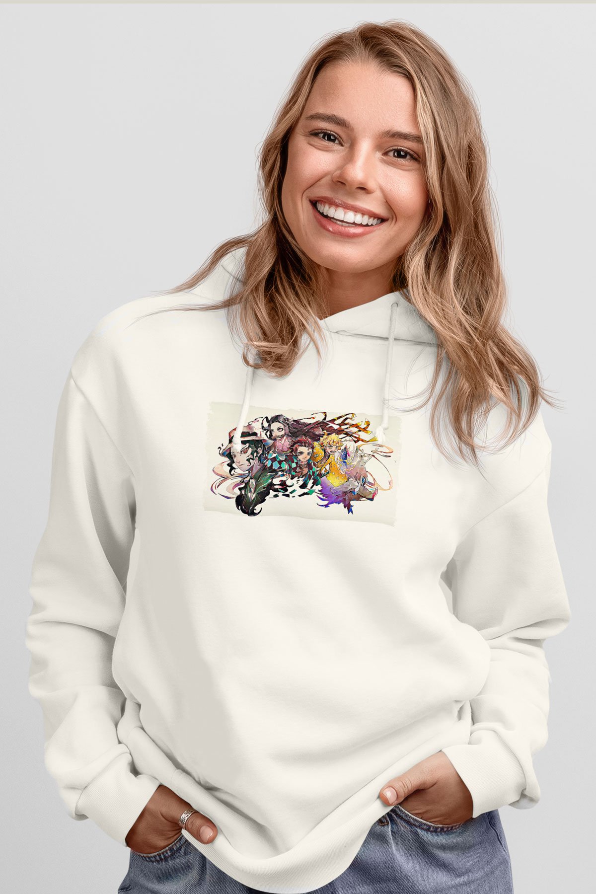 Demon Slayer Baskılı Beyaz Unisex Hoodie